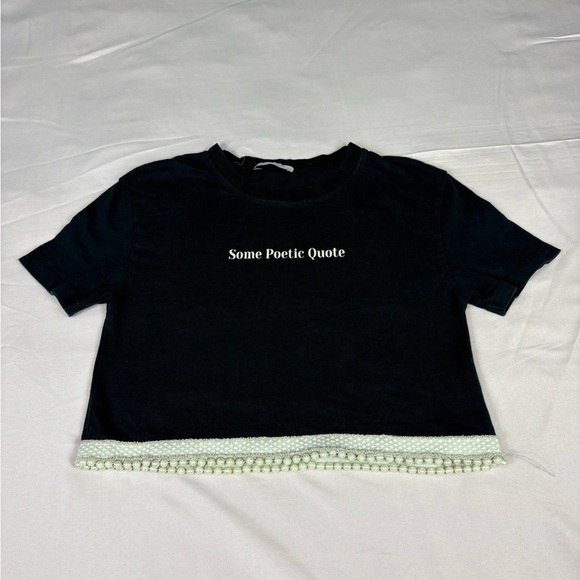 Black Cropped T-Shirt with Beaded Hem - Picture 2 of 7